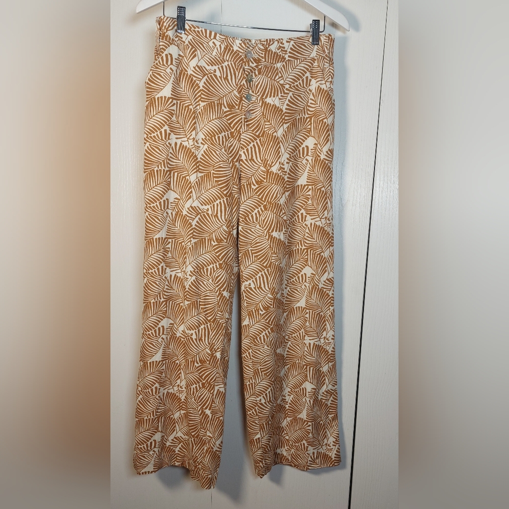 Marc New York Wide Leg Linen Leaf Print Pants Size Medium Button Front Palazzo - Picture 1 of 12